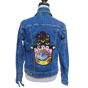Levis Jean Jacket Sequin Hamsa Size Small Boho Hand Of Fatima